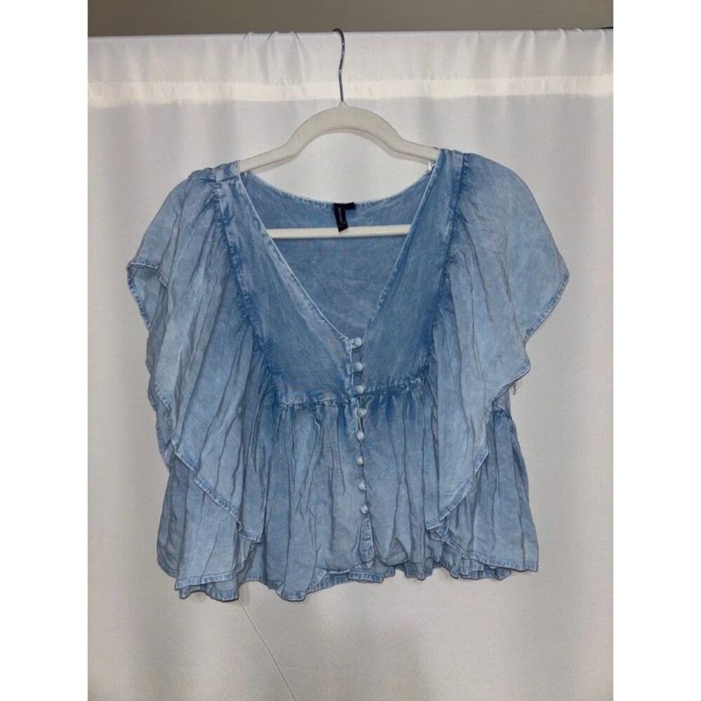 Women’s chambray Jean denim top small cottage fairy ruffle